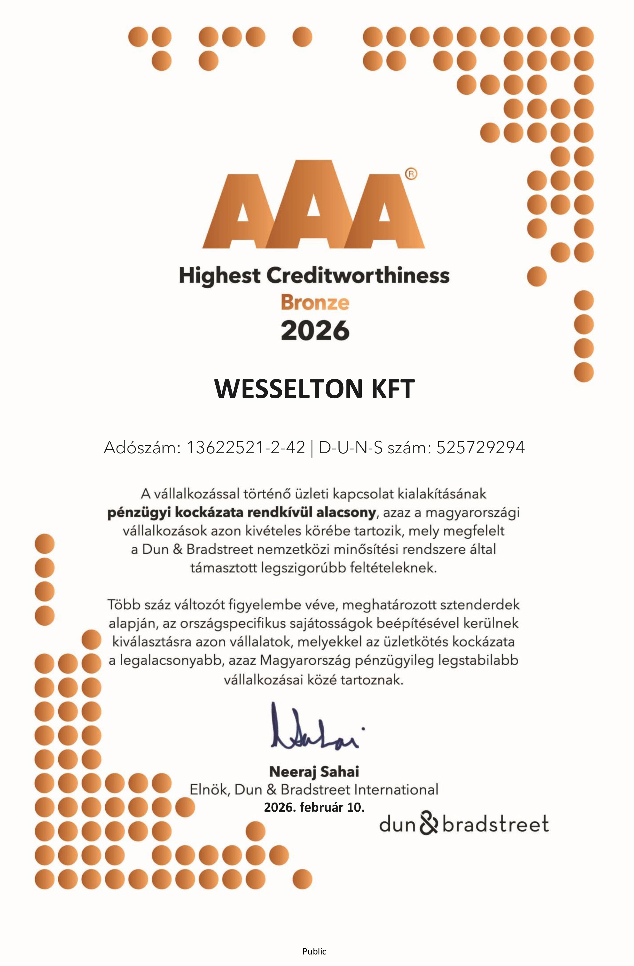 Dun & Bradstreet Tanúsítvány